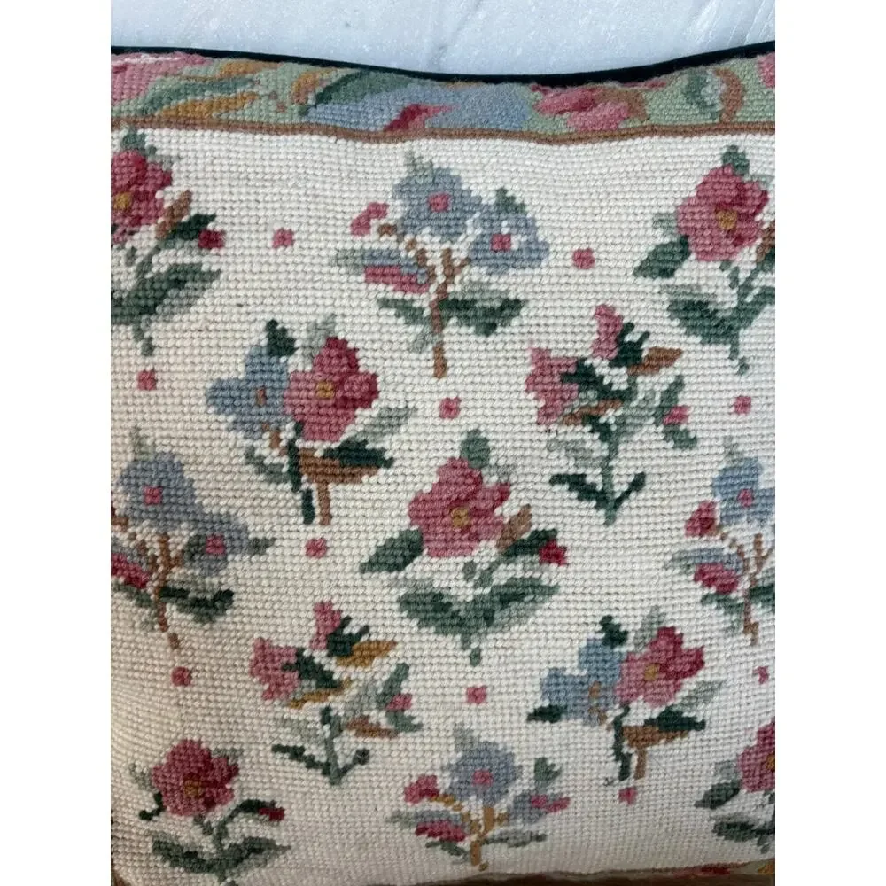 Vintage Floral Needlepoint Throw Pillow Green Velvet Back 14x14